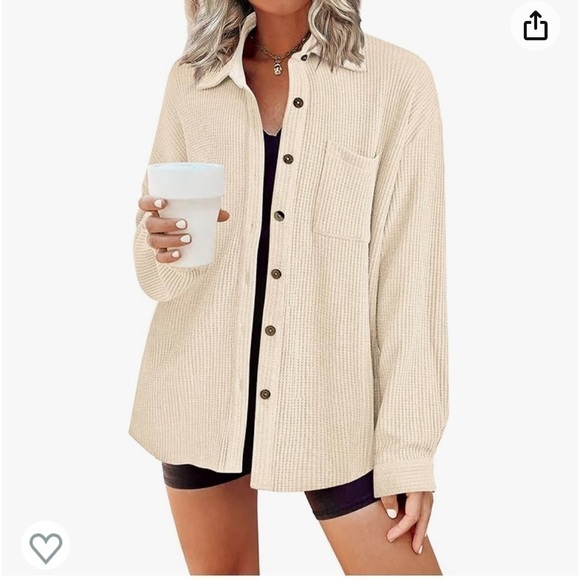 NWT Waffle Button Down Shirt Casual Knit Long Sleeve Loose Fit Shacket w/Pocket - Picture 1 of 4